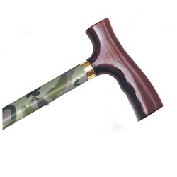 Folding Cane - Camouflage. This Walking Cane has push button height adjustment and a weight capacity of 250 lbs. Comfortable Fritz Handle is designed for arthritis sufferers.