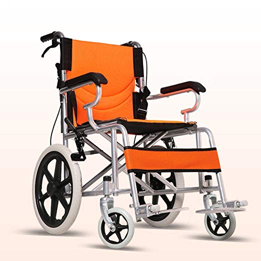 LYYYL Wheelchair Lightweight Folding Portable Transport Chair with Bags Solid Tires Seatbelt Hand Brakes Comfortable Armrest Seat Heavy Duty 220lbs Swing Away Foot Rrests for Men and Women (orange)