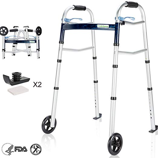 OasisSpace Compact Folding Walker, with Trigger Release and 5'' Wheels for The Seniors [Accessories Included] Narrow Lightweight Supports up to 350 lbs