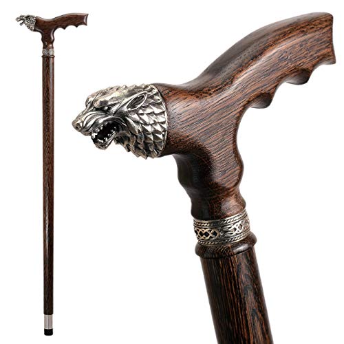 Fancy Walking Canes for Men - Direwolf - Fashionable Handmade Wooden Canes and Walking Sticks - Unique Cane with Wolf Head