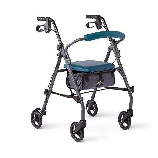 Medline Rollator Walker with Seat and Wheels, Folding Walker for Seniors with Microban Antimicrobial Protection, Durable Steel Frame Supports up to 300 lbs, 6 inch Wheels, Teal