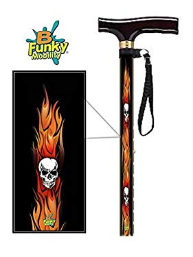 Adjustable T Handle Walking Cane Flames with Skulls