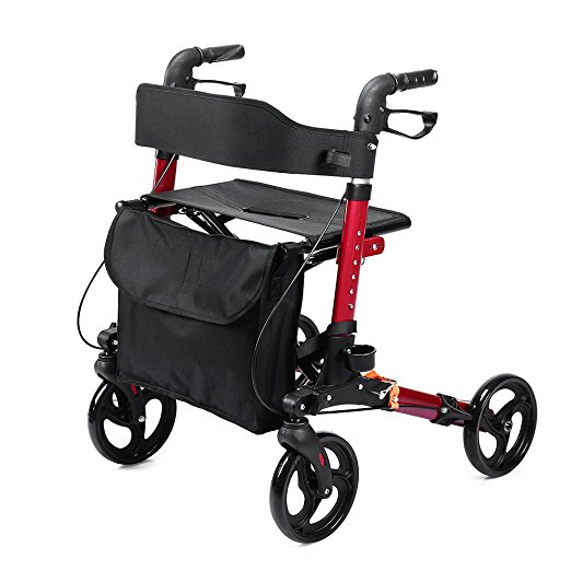 ELENKER Medical Rollator Walker, Foldable Stable Compact Rolling Walker with Seat, Bag and 8 inch Wheels