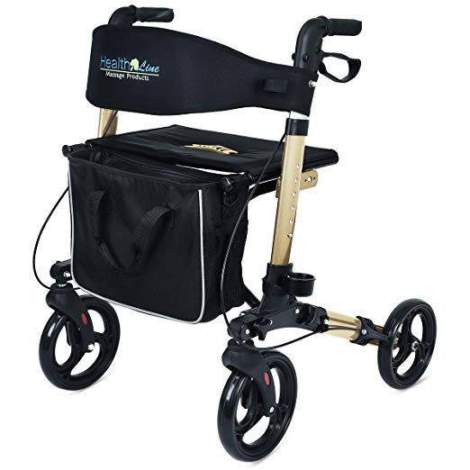 Health Line Deluxe Euro Style Aluminum Rollator Compact Folding Rolling Walker with Paded Seat, Bright Champagne