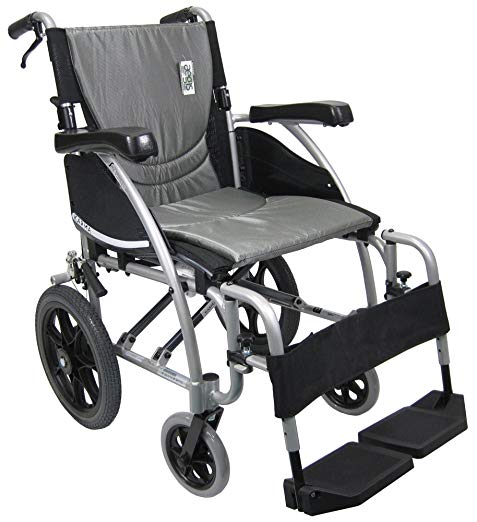 Karman Transport Wheelchair with Companion Brakes, 16 inch Seat and 14 inch Rear Wheels, Silver Frame
