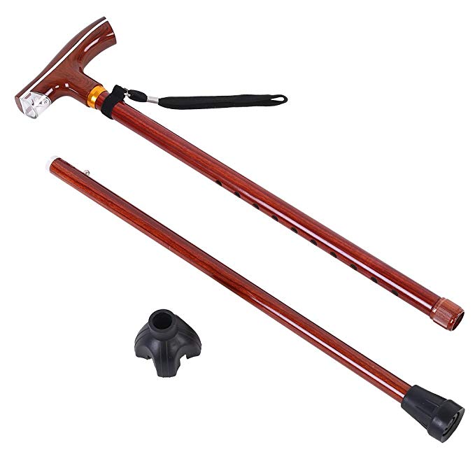 Adjustable Walking Stick with Flashlight and Lanyard Wood-like Alloy Cane for Old People ( Color : Rosewood Color )
