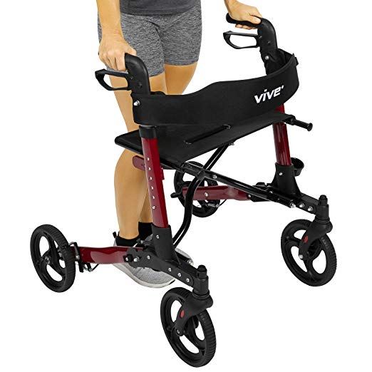 Folding Rollator Walker by Vive - 4 Wheel Medical Rolling Walker with Seat & Bag - Mobility Aid for Adult, Senior, Elderly & Handicap - Aluminum Transport Chair (Red)