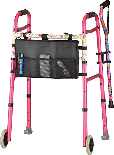 NOVA Designer Folding Walker with Cane and Accessories, Pink