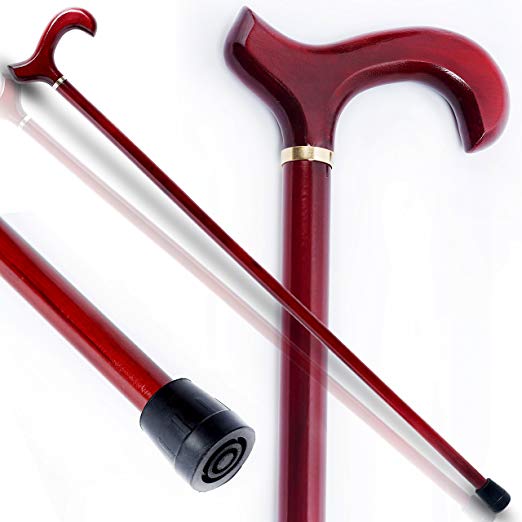 Walking Stick Walking Cane: Ambidextrous Unisex Mahogany-Stained Eucalyptus All-Wood Cane with Supportive Curved Handle and Balance Bottom Tip