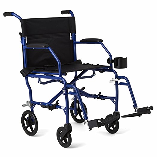 Medline Mobility Ultralight Transport Wheelchair, 19” Wide Seat, Permanent Desk-Length Arms, Swing Away Footrests, Blue Frame