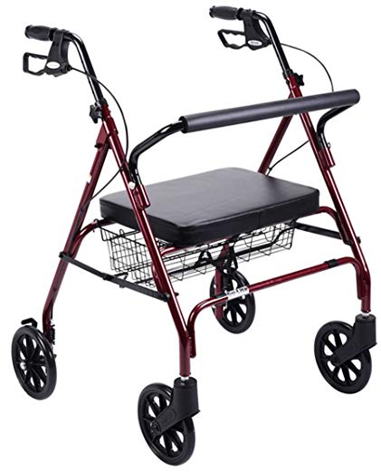 Red Frame Foldable Bariatric Heavy Duty Rollator Walker W/ Large Padded Seat. Supports Up To 500 Lbs. Rolling Walker For Big People Indoor Outdoor Use. Four Wheel Walker Built With Durable Steel Reinforced Frame. Get It Today For You Or A Loved One!