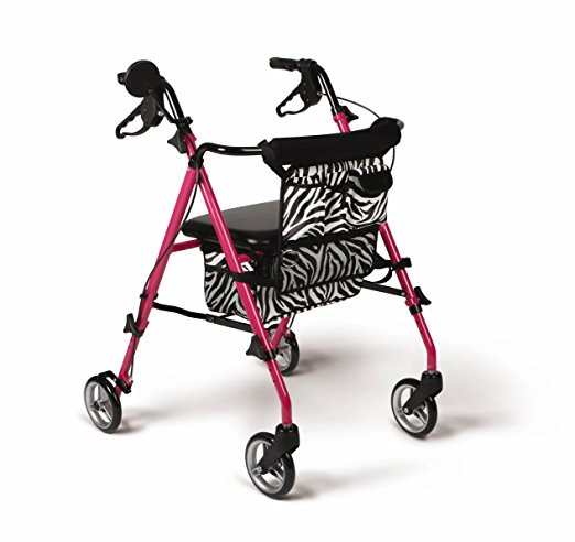 Medline Posh Premium Lightweight Foldable Aluminum Rollator Walker with 6 Inch Wheels, Pink