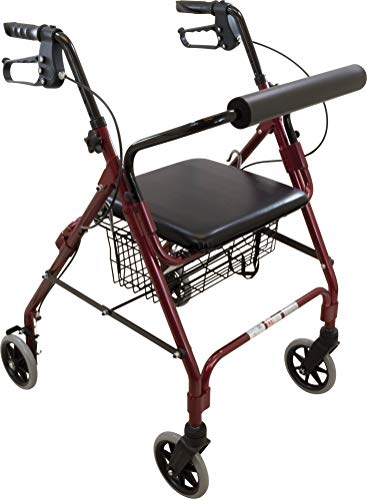 ProBasics Aluminum Rollator Walker With Seat - Rolling Walker With 6-inch Wheels - Foldable - Padded Seat and Backrest, Height Adjustable Handles, 300 Pound Weight Capacity, Burgundy