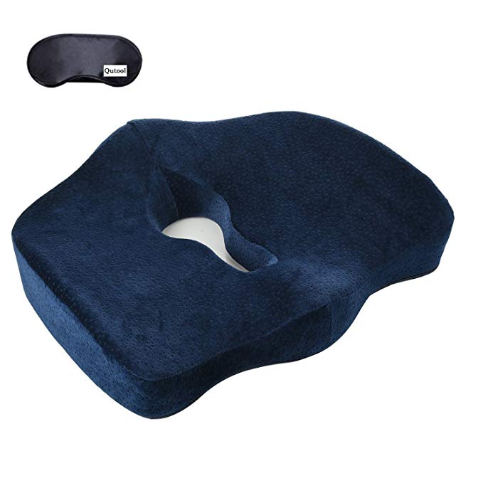 Orthopedic Memory Foam Seat Cushion for Lower Back Sciatica Coccyx Hemorrhoid Pain Relief Hip Shaping Larger Non-Slip Cover Pads for Car Seat Office Chair Airplane Travel Wheelchair Qutool (Blue)